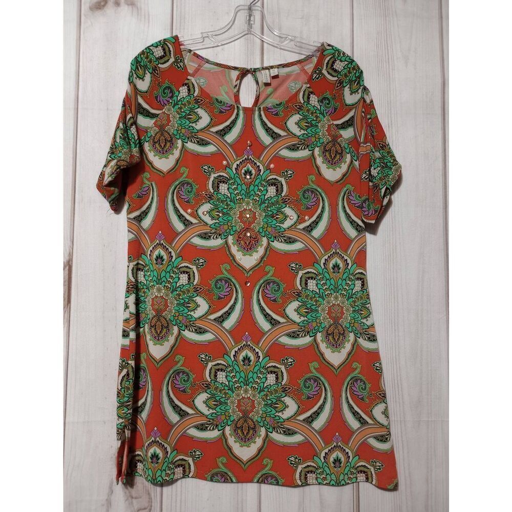 Madison Women Orange Green Paisley Medallion Rhinestone Tunic Top Size M